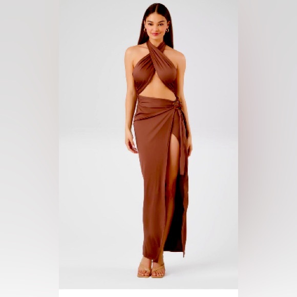 Almost Famous Dresses & Skirts - Almost Famous, cross over halter maxi dress, terra cotta (L)